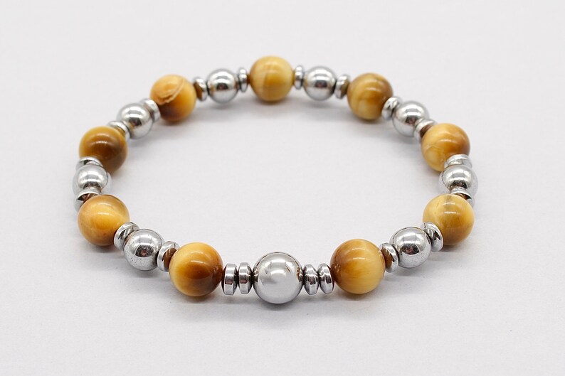 Gold Tiger Eye Bracelet with Hematite Gemstone Stretch Bracelet for Men