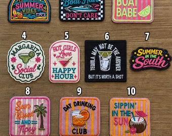 May include: Ten embroidered patches featuring summer themes. Designs include text like 'Summer Vibes', 'Boat Hair Don't Care', 'Boat Babe', 'Margarita Social Club', 'Hot Girls Love Happy Hour', 'Tequila May Not Be The Answer', 'Summer In The South', 'Sun Kissed And Tipsy', 'Day Drinking Club', and 'Sippin' In The Sun'.