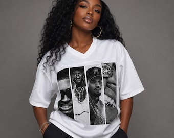 May include: A white V-neck mesh jersey featuring a large rectangular graphic print on the front. The graphic consists of four vertical black and white panels displaying portraits of individuals, including one wearing a baseball cap and jewelry.