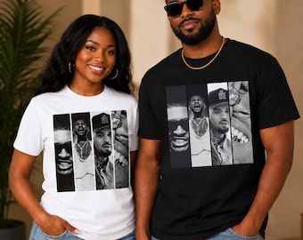 May include: A white t-shirt and a black t-shirt, each featuring a graphic print composed of four vertical panels displaying black and white photographic portraits of a person wearing jewellery, sunglasses, and a baseball cap, with a focus on facial details.