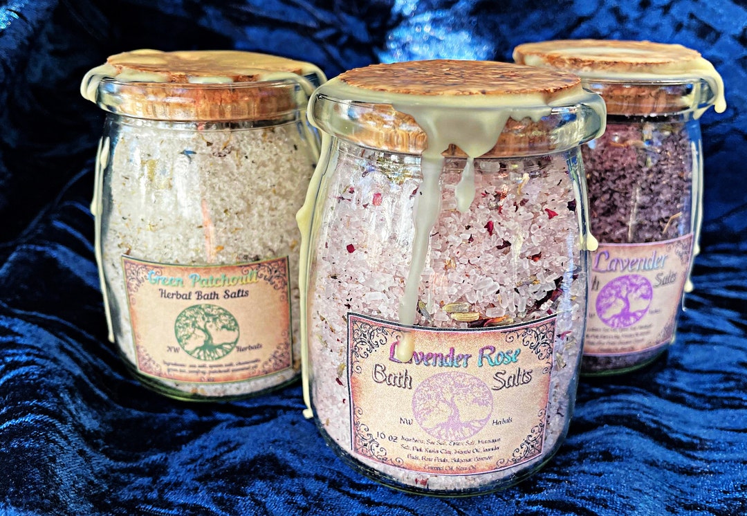 Herbal Bath Salts Gift Set, 6 Oz Sizes of Our Herbal Bath Salts, Lavender, Rose, Patchouli, With