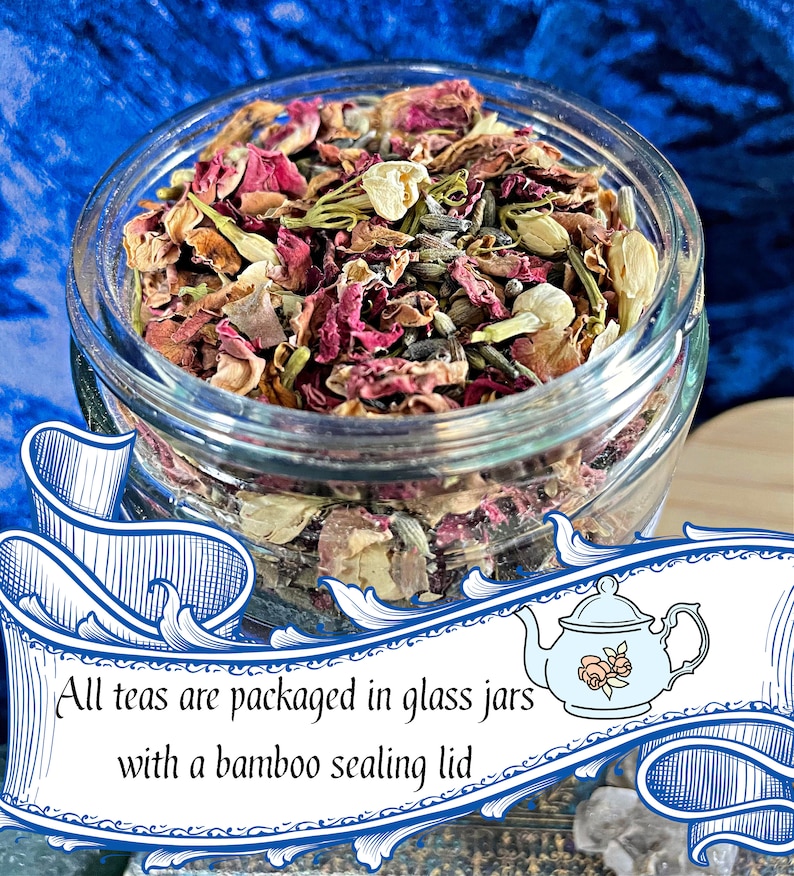 May include: A glass jar filled with dried rose petals, lavender, and other herbs. The jar has a bamboo lid. All teas are packaged in glass jars with a bamboo sealing lid.