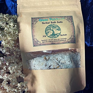 Green Patchouli Bath Salt Blend ~ Soaking Bath Tea, Relaxing Epsom Salts, all natural bath salts, with chamomile and green tea, witchcraft