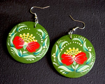 painted wooden earrings Painted earrings green wooden earrings Handmade earrings Flowers jewelry Earrings with flowers Wooden jewellery