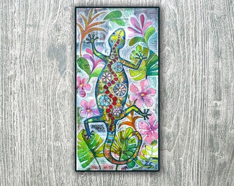 Tropical Lizard Painting: Folk Art Animal Painting on Canvas