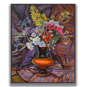 Purple Still Life Painting: Bouquet in Orange Vase, Acrylic on Canvas