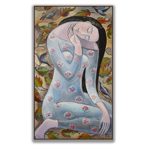 Pastel colors oil painting: Girl with leaves and birds