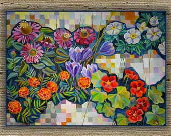 Original Acrylic Flowers Painting: Colorful Garden Plants Art