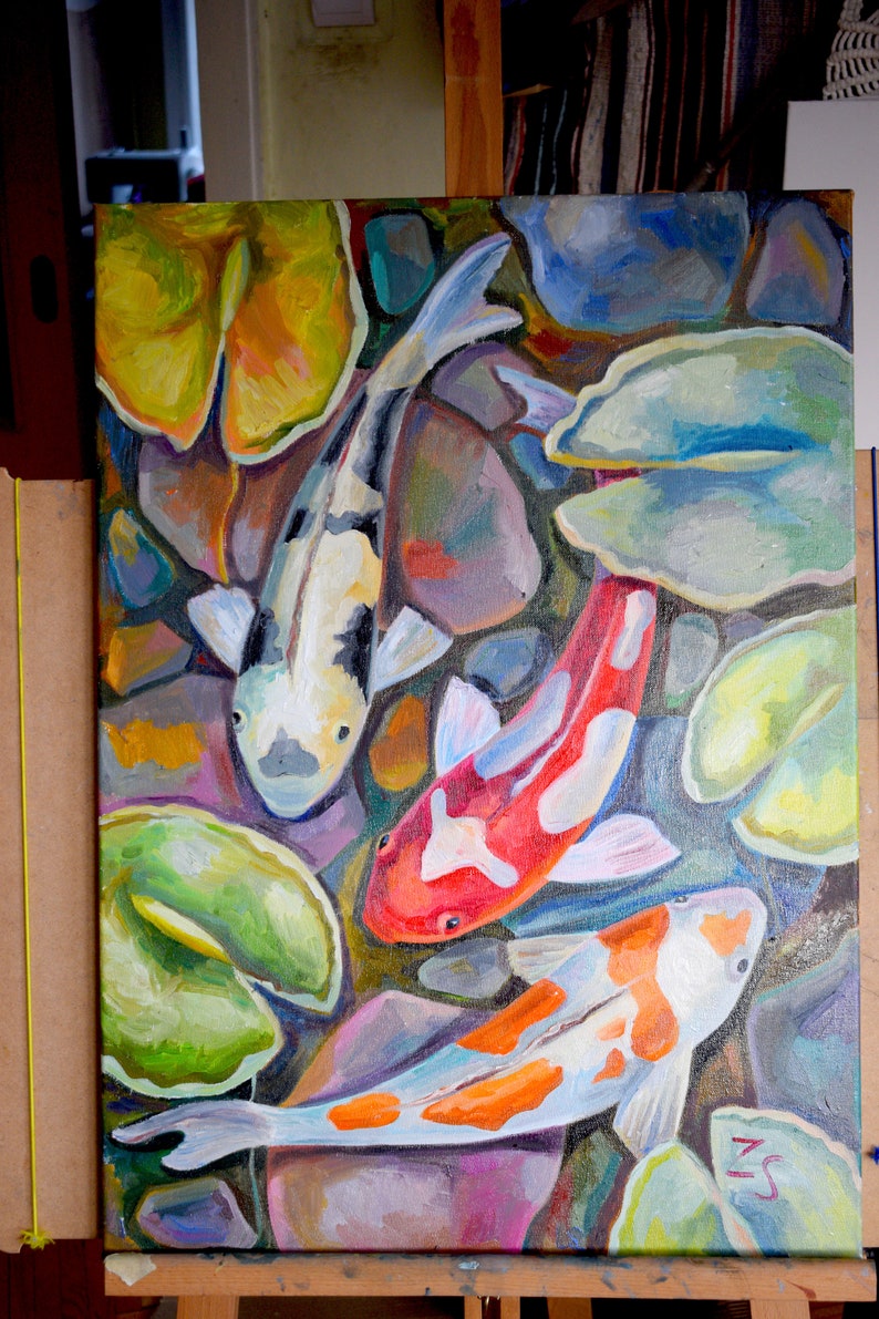 Koi Fish Pond Office Painting Large Painting Koi Fish Pond Etsy