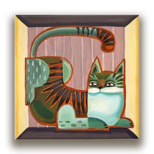 Cat in a Box Original Painting – Naive Folk Art Cat Whimsical Animal Wall Art Cute Cat Illustration Small Square Canvas Gift for Cat Lover