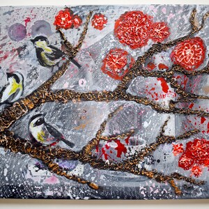 Textured Acrylic Painting: Birds on Branch, Contemporary Art (16x20 inches)