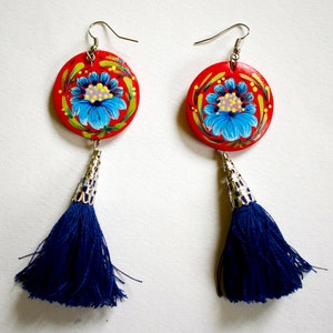 Red wooden earrings Boho style earrings Boho chic Folk art earrings Hand-painted wooden earrings tassel wooden jewelry tassel earrings