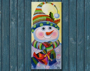 holiday decor Snowman painting on canvas original art painting acrylic christmas Snowman acrylic art work folk art christmas painting Winter