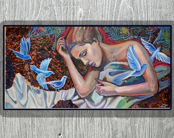 Amelie&#39;s Dream: Original Oil Painting on Canvas, Woman with Birds