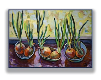 onion painting kitchen painting vegetables, green onions greens Ukrainian artist painting from nature painting for the kitchen