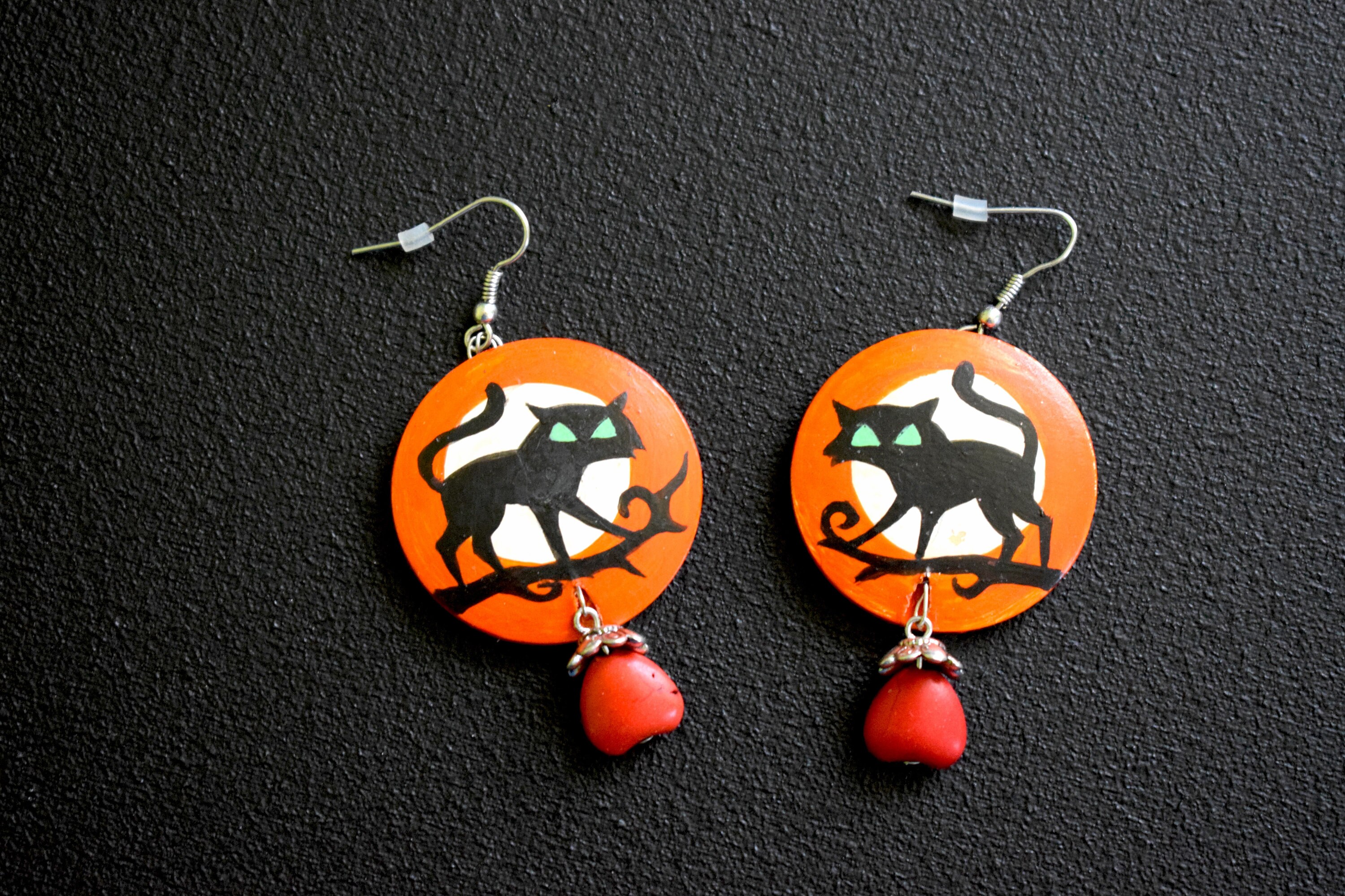 Halloween Earrings Halloween Black Cat Earring Hand Painted Etsy UK