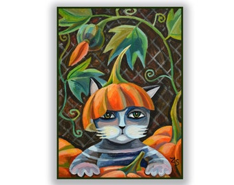 Pompoen kat schilderij Halloween muurkunst herfstdecor voor kattenliefhebbers Grillige kunstwerken Halloween-decor