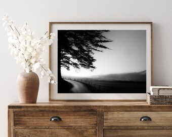 Smokey Mountains Road Photography, Minimalist Black and White Print