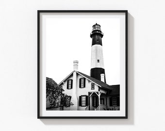 Tybee Island Lighthouse Print, Vintage Coastal Black and White Photography