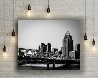 Cincinnati Skyline Print, Black and White Photography, Ohio Cityscape Wall Art