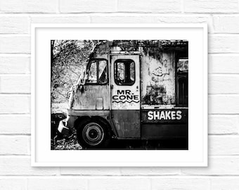 Black and white photography print Ice cream truck vintage retro urban color print restaurant milk shake wall decor wall art  kitchen