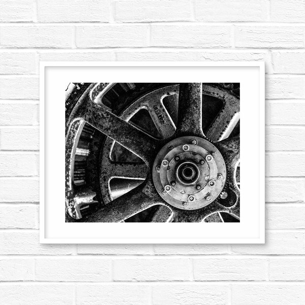 Black and white print, industrial art print, canvas print, retro vintage wall decor, gear, office loft apartment, gift for him