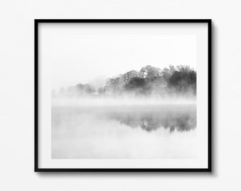 Minimalist landscape fog forest and lake canvas print lake print living room canvas  print black and white photography fog landscape print