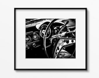 Black and white photography print, automobile wall art, vintage car art, gift for him