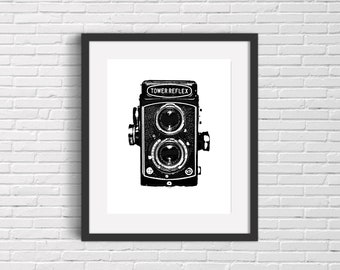 Vintage Camera Black and White Photography Print, Minimalist Wall Art