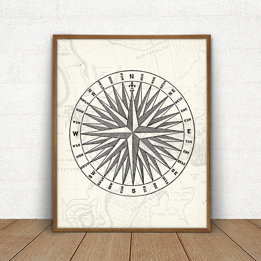 Kompass Kompass Karte Wandkunst Strand Haus Dekor Antike Etsy