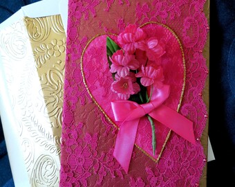 Mother's day card, luxury love card, 3D flower love card, fuschia  love card, 3D love card, lace Valentine, luxury Valentine greeting