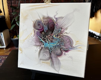 Crystal Visions Abstract Floating Bloom: Flüssiges Acrylgemälde, Leinwand 35x35 cm