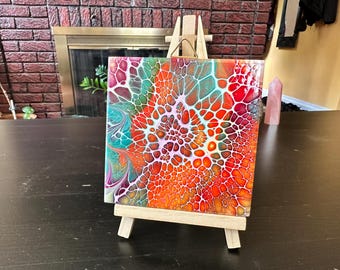 Orange Crush Series Abstract Art: Fluid Acrylic Pour Painting, 4"x4" Decorative Tile