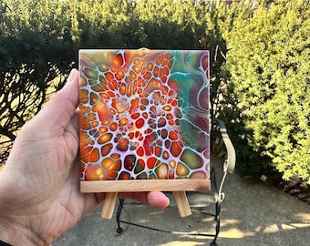 Orange Crush Abstract Art: Fluid Acrylic Pour Painting, 4"x4" Decorative Tile