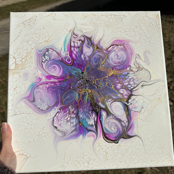 The Painted Dreamer Fluid Acrylic Pour Painting Art, Abstract Painting, 14" x 14" Canvas Wall Hanging - Lavender Dreams II Floating Bloom