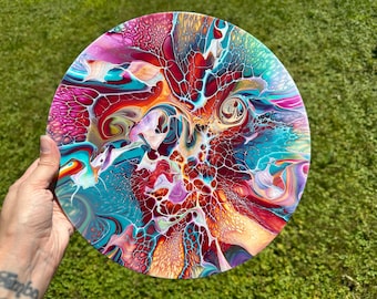 Surfing The Cosmos II Abstract Nebula Art: Fluid Acrylic Pour Painting, 12&quot; Round Canvas