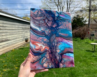 Desert Sunset Abstract Art: Fluid Acrylic Pour Painting, 9&quot;x12&quot; Canvas Wall Hanging