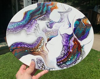 Rainbow Ribbons Abstract Art: Fluid Acrylic Pour Painting, 11&quot;x14&quot; Oval Canvas