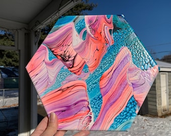 Vibrant Ocean Waves Abstract Art: Fluid Acrylic Pour Painting, 12&quot;x10&quot; Hexagon Canvas