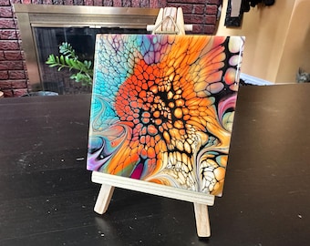 Orange Burst Series Abstract Art: Fluid Acrylic Pour Painting, 4"x 4" Decorative Tile