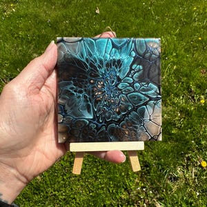 Original 4x4 Teal & Black Bloom Tile, Small Abstract Fluid Art with Mini Easel, Shimmer Decorative Ceramic Art, Unique Desk Gift image 8