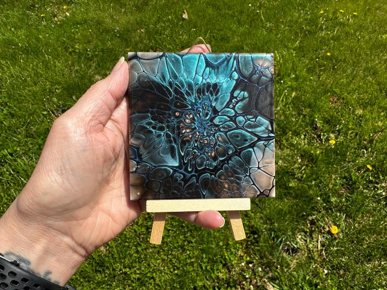 Original 4x4 Teal & Black Bloom Tile, Small Abstract Fluid Art with Mini Easel, Shimmer Decorative Ceramic Art, Unique Desk Gift image 8