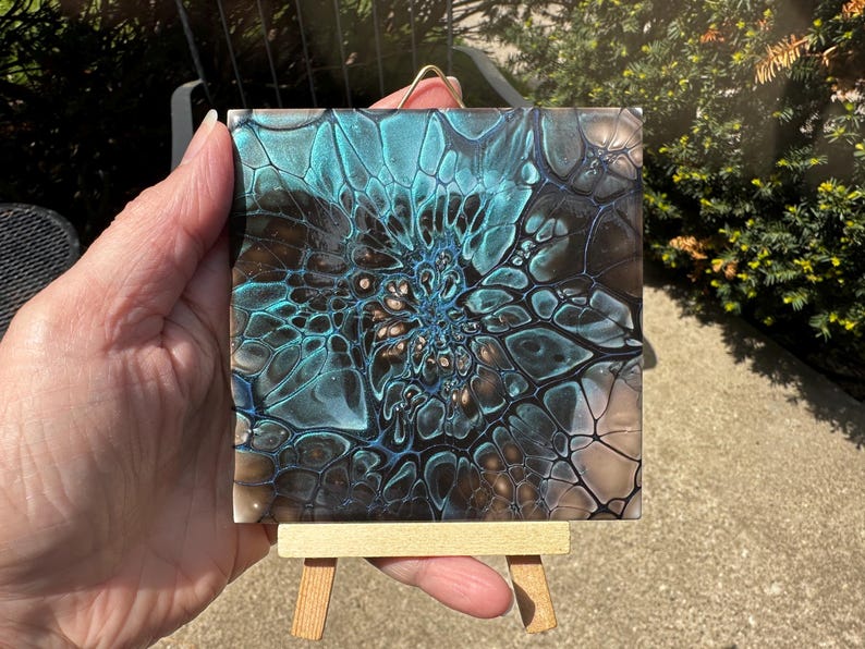 Original 4x4 Teal & Black Bloom Tile, Small Abstract Fluid Art with Mini Easel, Shimmer Decorative Ceramic Art, Unique Desk Gift image 7