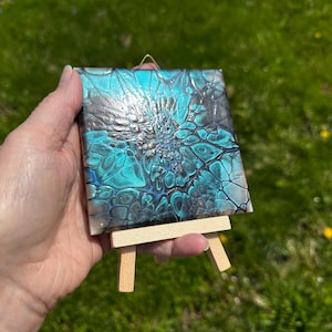 Original 4x4 Teal & Black Bloom Tile, Small Abstract Fluid Art with Mini Easel, Shimmer Decorative Ceramic Art, Unique Desk Gift image 2