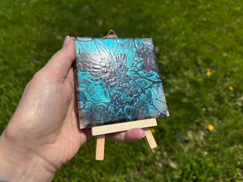 Original 4x4 Teal & Black Bloom Tile, Small Abstract Fluid Art with Mini Easel, Shimmer Decorative Ceramic Art, Unique Desk Gift image 2