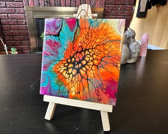 Rainbow Burst Series Abstract Art: Fluid Acrylic Pour Painting, 4"x4" Decorative Tile