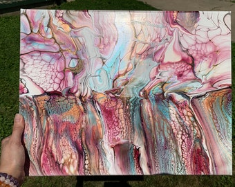 Desert Sunrise Abstract Art: Fluid Acrylic Pour Painting, 14&quot;x 18&quot; Canvas Wall Hanging