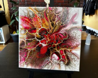 "Rot & Gold Abstrakte Flüssigkeit Acrylmalerei, 10 "x 10" Leinwand Kunst."
