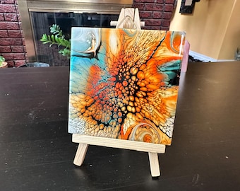 Orange Burst Series Abstract Art: Fluid Acrylic Pour Painting, 4"x4" Decorative Tile