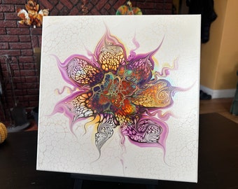 Dipinto acrilico fluido Bloom: arte murale astratta su tela (14" x 14")
